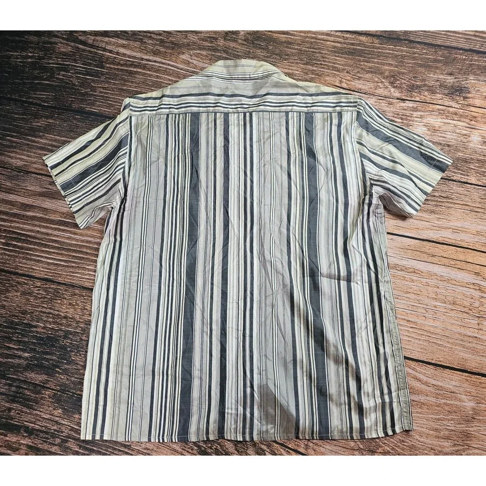 French Connection 100% Silk Short Slv Button Up Shirt Gray White Striped Men L